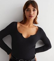 New Look Black Ribbed Jersey Notch Neck Long Sleeve Top